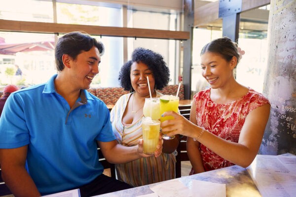 Three smiling friends clinking glasses with house-made cocktails at Founding Farmers DC during a daytime meal.